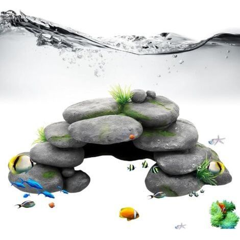 Grotte d'aquarium : grotte décorative d'aquarium avec herbe verte, grotte rocheuse Rock Cave Décoration Pierres, tortues Accessoires pour reptiles, cachette en résine haute montagne, pour-Chrom (1/5)