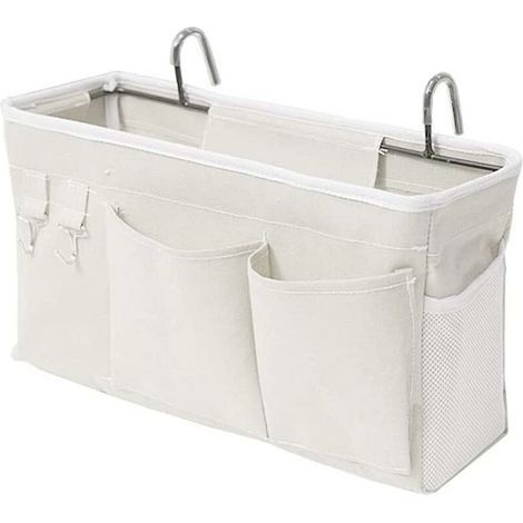 Bolsa organizadora para cama con ganchos, bolsillo colgante, bolsa de almacenamiento para cama alta para libros, revistas, teléfonos móviles y auriculares (blanca) (1/4)