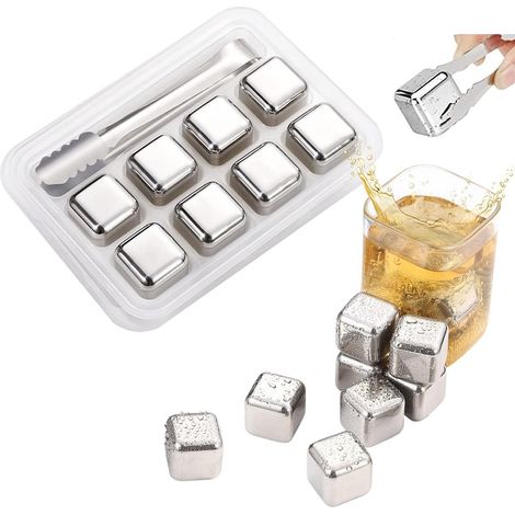 Allecta - Set di cubetti di ghiaccio riutilizzabili per whisky con pinze - 8 pezzi - Pietre refrigeranti in acciaio inox - Accessori da bar per whisky e altro (1/5)