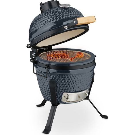 Relaxdays Kamado Grill, Ø 32 cm, Keramikgrill mit Thermometer bis 450°C, BBQ, Grillen, Kochen & Backen, Smoker, grau
