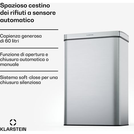 Klarstein Cestino a sensore touchless, 60L, in acciaio inox, con soft close, a batteria, timer, con display a LED (1/5)