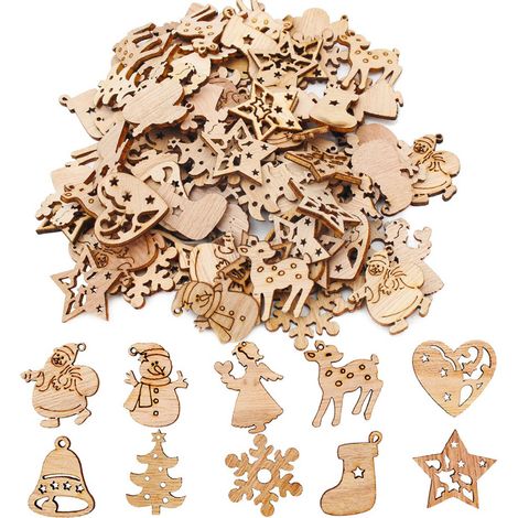 100 Pièces Décorations de Noël en Bois Miniatures : Père Noël, Bonhomme de Neige, Renne, Flocons à Suspendre sur Sapin