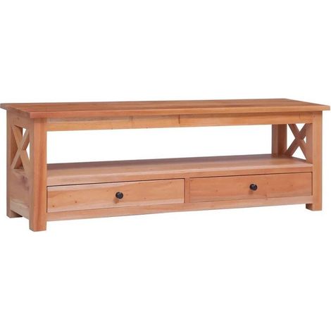 Meuble TV 2 tiroirs acajou massif clair Lokko 120cm (1/5)