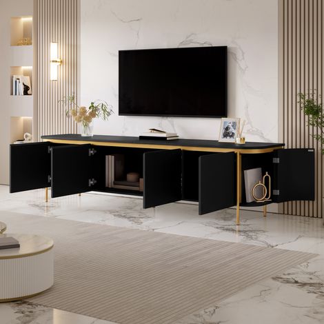 Meuble TV 180x40x44,5 cm – coins arrondis – portes coulissantes – 2 tiroirs – LED APP – noyer (1/5)
