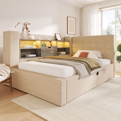 Letto contenitore singolo 90x200 cm con sollevamento idraulico, LED e USB, in tessuto beige, senza materasso (1/5)