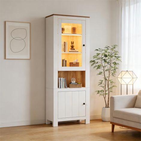 Vitrine de salon, vitrine blanche avec led, 2 portes et 6 étagères réglables, 70 x 40 x 188 cm (1/5)