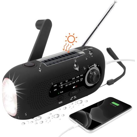 Radio Solaire Portable,Radio Dynamo,Solaire Radio avec Alarme SOS pour Les urgences,Petite Radio,étanche IPX3 Radio,Radio à manivelle AM/FM,Lampe Poche2000mAh Batterie(Le Noir) (1/5)