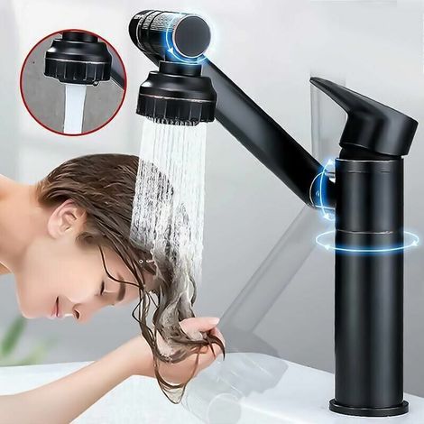 JSSEVN- Mitigeur de lavabo noir à cascade – Bec ultrafin 360° – Laiton H59 sans plomb – 2 modes d'écoulement – Économie d'eau 30% (1/5)