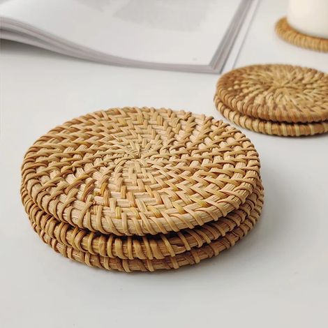 Set de table rond fait main, dessous de plat en rotin, tapis de table isolant (1/2)