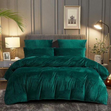 Bettwäsche-Set 200x200cm Dunkelgrün Flauschig Warm mit 2 Kissenbezügen 80x80cm