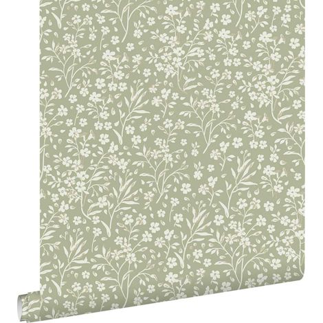 papier peint fleurs vert cendré - ESTAhome