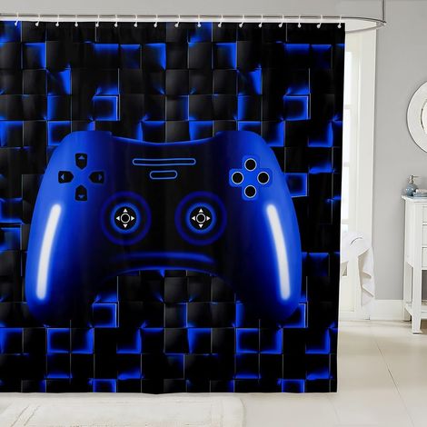 Rideau de Bain 180x200cm Ado Garcon Gaming Rideau de Douche Enfant Manette de Jeux, Rideau de Baignoire Gamer, Rideau Salle de Bain Carrée Géométrique Bleu et Noir - 180L X 200H cm (1 Panneaux) (1/5)