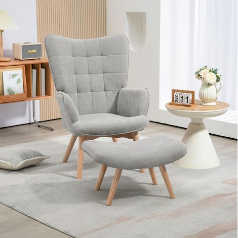 Fauteuil crapaud gris avec ottomane, 72 x 80 x 101 cm, pieds bois (1/5)
