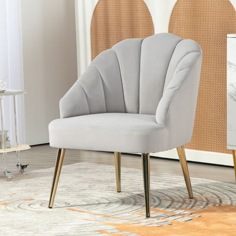 Sillón tapizado con respaldo de concha, sillón de terciopelo para sala de estar con patas doradas, para dormitorio y sala de estar, gris. (1/5)
