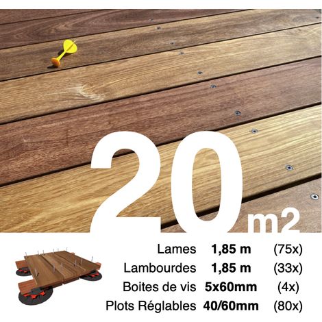 Kit complet terrasse bois exotique CUMARU pour 20 m² • Lames 1,85 m, lambourdes 1,85 m, plots réglables et visserie Inox • Livraison gratuite