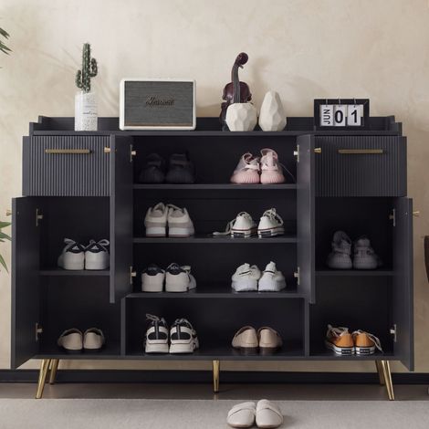 Armoire de rangement pour chaussures noire, 130x37x100 cm, avec 4 portes et 2 tiroirs, étagère à chaussures sur pieds métalliques