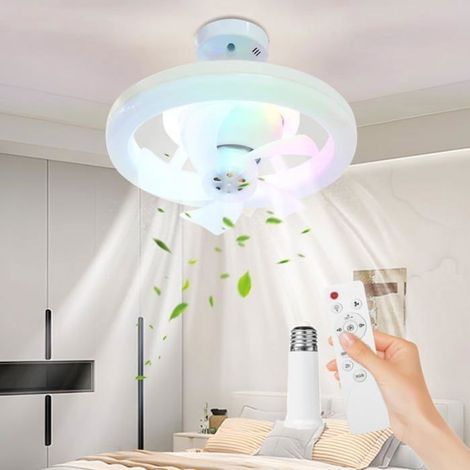 (bleu)Ventilateur de plafond avec lumière, silencieux avec télécommande, avec douille E27 (lampe à tête mobile RGB + câble de rallonge) (1/5)
