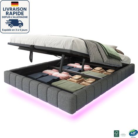 MODFU - Cama abatible para adultos 140×200cm, hidráulica, con LED, somier tapizado, sin cabecero, sin colchón, lino, gris (1/5)