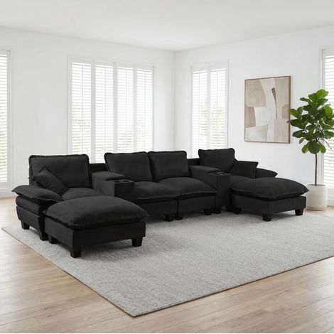 Canapé modulare a U in chenille nera 392x151x90 cm con USB, contenitori e portabicchieri (1/5)