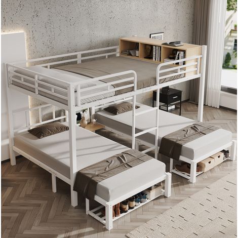 Litera 140x200/2x90x200 cm con 3 camas, estante abierto y zapatero, metal blanco y madera natural (1/5)