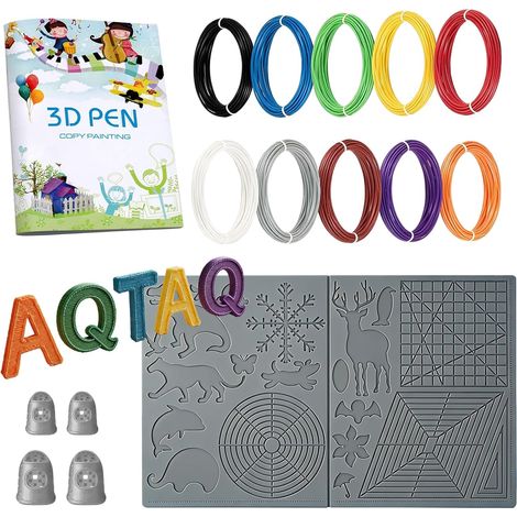 Modèle de stylo 3D  3D PLA Silk  Tapis de stylo 3D  Protège-doigts, 10 couleurs, 1,75 mm, 50 m au total, grand tampon en silicone, gabarits de dessin 3D, pour stylo d'impression 3D - Gris (1/5)