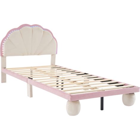 Letto per bambini 90x200 cm in velluto beige e rosa con striscia LED multicolore (1/5)