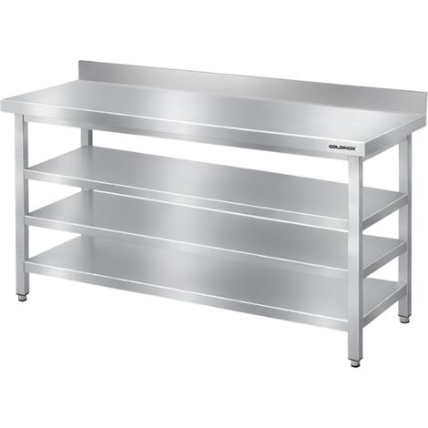 Table de travail en inox Bar 1500x600 mm avec 3 étagères inférieures et dosseret PREMIUM - GOLDINOX (1/4)