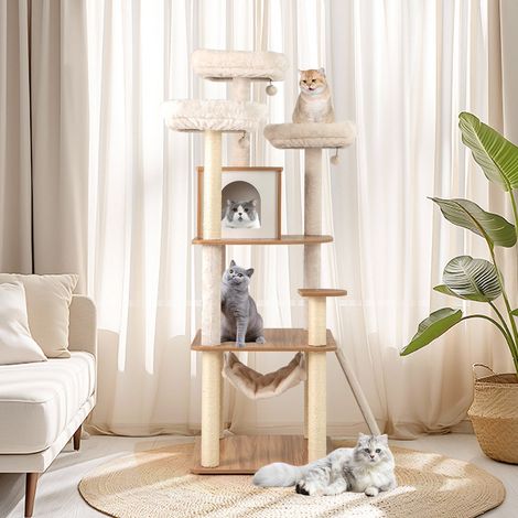 Arbre à Chat de 168CM avec 3 Plateformes Rembourrées Condo Poteaux à Griffer en Sisal Échelle Boules Suspendues Coussins Lavables Naturel (1/2)