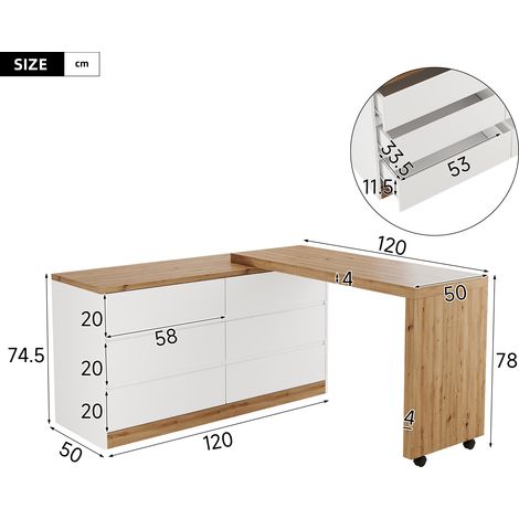 Bureau avec roulettes blocables – design multifonction, plateau pivotant épais de 4 cm, verrouillage fixe, blanc/chêne, table pliante, bureau d'angle, buffet, matériau résistant (1/5)