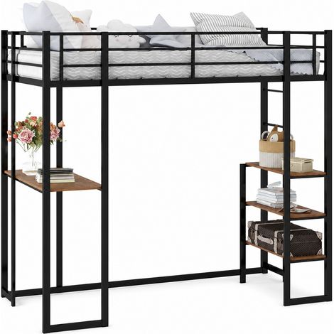 Cama alta de hierro negro 90 x 190 cm con escritorio, escalera y almacenaje (1/5)