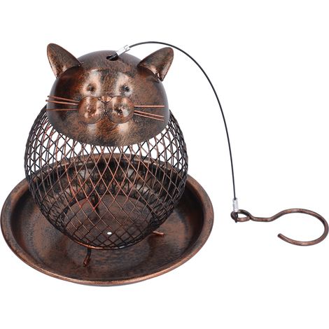 Mangeoire à oiseaux en métal grillagé, décoration de jardin ou de cour, suspendue, style rétro, en forme de chaton (1/5)