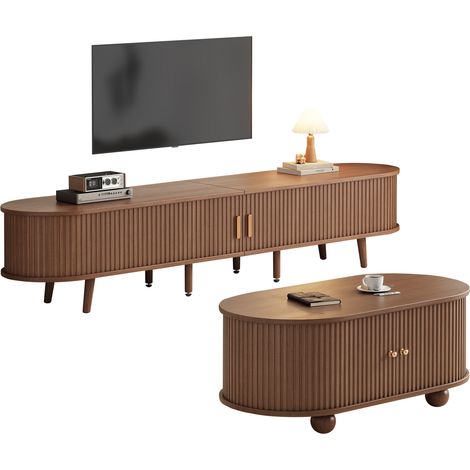 Conjunto de Muebles de Salón con 1 Mueble de TV y 1 Mesa de Centro, Almacenaje, Estilo Minimalista, MDF, Nogal (1/5)