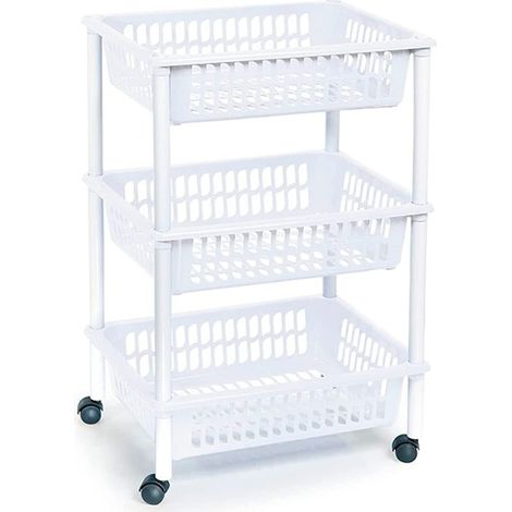 Tradineur PLFT Chariot à légumes en plastique avec 3 niveaux et roues, paniers empilables pour fruits, légumes Blanc 61,5 x 40 x 30 cm (1/4)