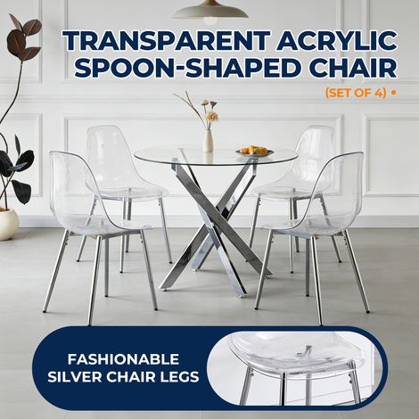Lot de 4 chaises de salle à manger modernes en acrylique PET transparent avec pieds argentés élégants