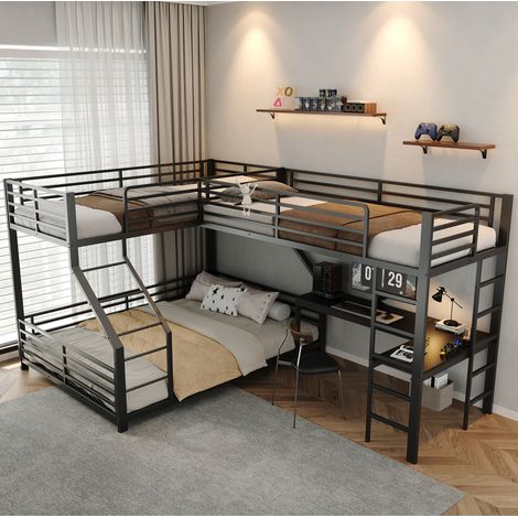 Letto a castello triplo con scrivania, 3 posti, 298 x 204,5 x 175 cm, nero HAVRYA (1/5)