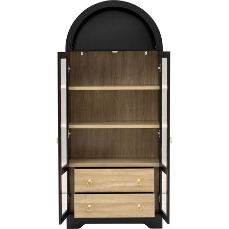 Aparador alto negro con puertas de vidrio, estantes ajustables y 2 cajones, 76,2 x 40,1 x 180 cm (1/5)