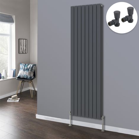 Flat Panel Designer Radiator Bathroom Central Heating Radiators Anthracite with Angled Manual Pair of Valves 1800 x 544mm Vertical Double
