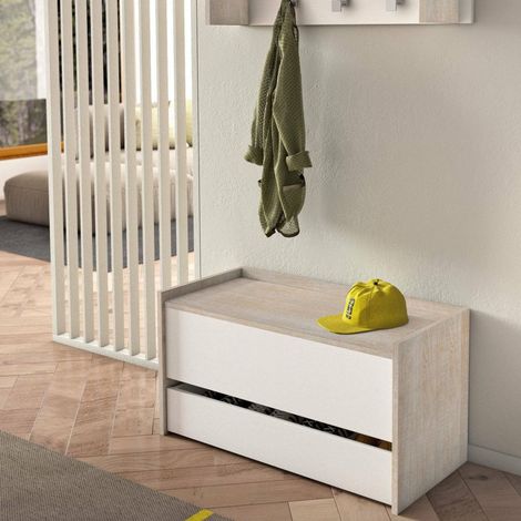 Commode, Meuble d'entrée avec étagère à chaussures, Coffre avec deux conteneurs, 90x40h46 cm, Blanc et Chêne (1/5)