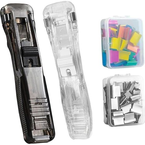 2 Pièces Clam Clip Dispenser, Distributeur de Pinces Réutilisable Portable, Agrafeuse à Pince Sans Agrafes, avec 100 Clips Métal Inox pour Documents, Bureau, École, Maison (1/5)