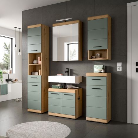 M&S – Ensemble 2 meubles de salle de bain avec éclairage – Dimensions armoire 60x19x79cm, meuble sous lavabo 60x35x56cm – Couleur chêne brun et kaki