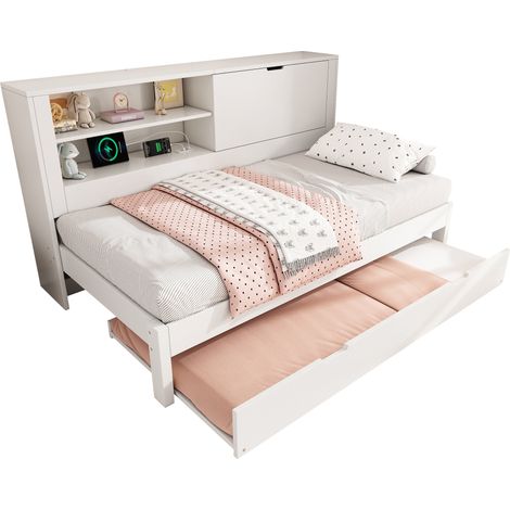 Letto singolo 90x200 cm con letto estraibile, testiera contenitore, presa USB/USB-C, rete a doghe e struttura in legno bianco - CHICFURN (1/5)