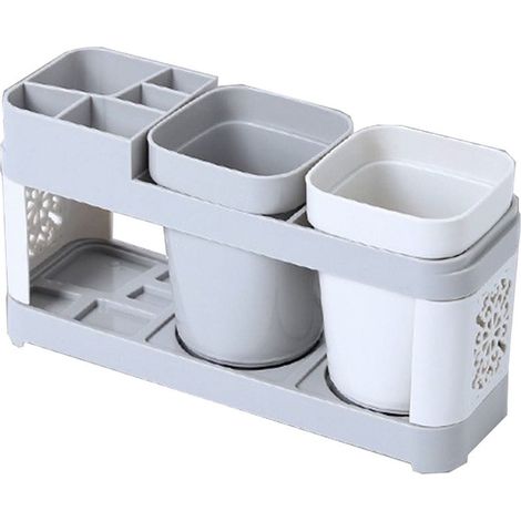 Support Pour Brosse À Dents Et Gobelet De Rincage - Lot De Rangement Pour Salle De Bains - 2 Compartiments Gobelets - Plastique Gris - 23 x 12 x 7,5 cm - 1 Pièce (1/5)
