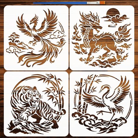 4 Pcs Pochoirs Animaux Orientaux avec un Pinceau 30x30cm Pochoirs Peinture Phénix Pochoir Motif Qilin Pochoir Tigre Blanc Gabarit Grue PET Gabarit Thèmes Animal pour Sol Mur DIY (1/5)