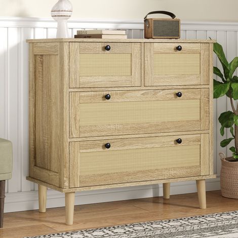 Comodino 80x40x80 cm, con 4 cassetti in rattan e piedi, mobile di archiviazione in legno massiccio – Stile rustico e naturale per soggiorno, camera da letto o corridoio