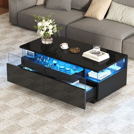 Table basse 90 x 45 x 35,5 cm avec plateau amovible, haute brillance, 2 tiroirs – table salon en verre trempé, table d'appoint avec éclairage LED (1/5)