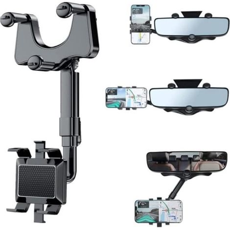 Support Téléphone Voiture - Support Rétroviseur Rotatif 360° - Compatible Smartphones 3 à 7 Pouces - 1 Pièce (1/4)