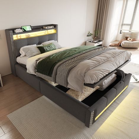 Polsterbett 90x200 grau mit Stauraum, LED-Beleuchtung und USB-Steckdose, Einzelbett aus Leinenstoff mit hydraulischem Bettkasten und Regal (1/5)