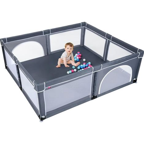 COSTWAY Box per Bambini, Centro Attività Portatile con Cancelli di Sicurezza, con Retri Traspiranti e Ventose Antiscivolo, Cancello 50 Palline (grigio sicuro) (1/5)