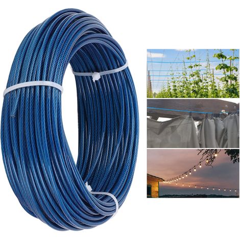 Kit de câble en acier bleu de 3 mm, gainé de plastique, de 30 m (100 pi), pour clôture extérieure, voile d'ombrage, étendoir à linge, panier à fleurs, verrou à vis de serrage (1/5)