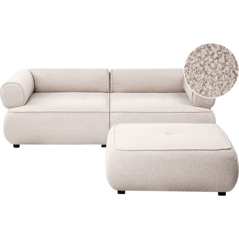 3 Seater Sofa with Ottoman Beige Boucle Rolled Armrests Quality Upholstery Couch Tufted Seat with Footstool Mid-Century Modern Style Living Room SALLA